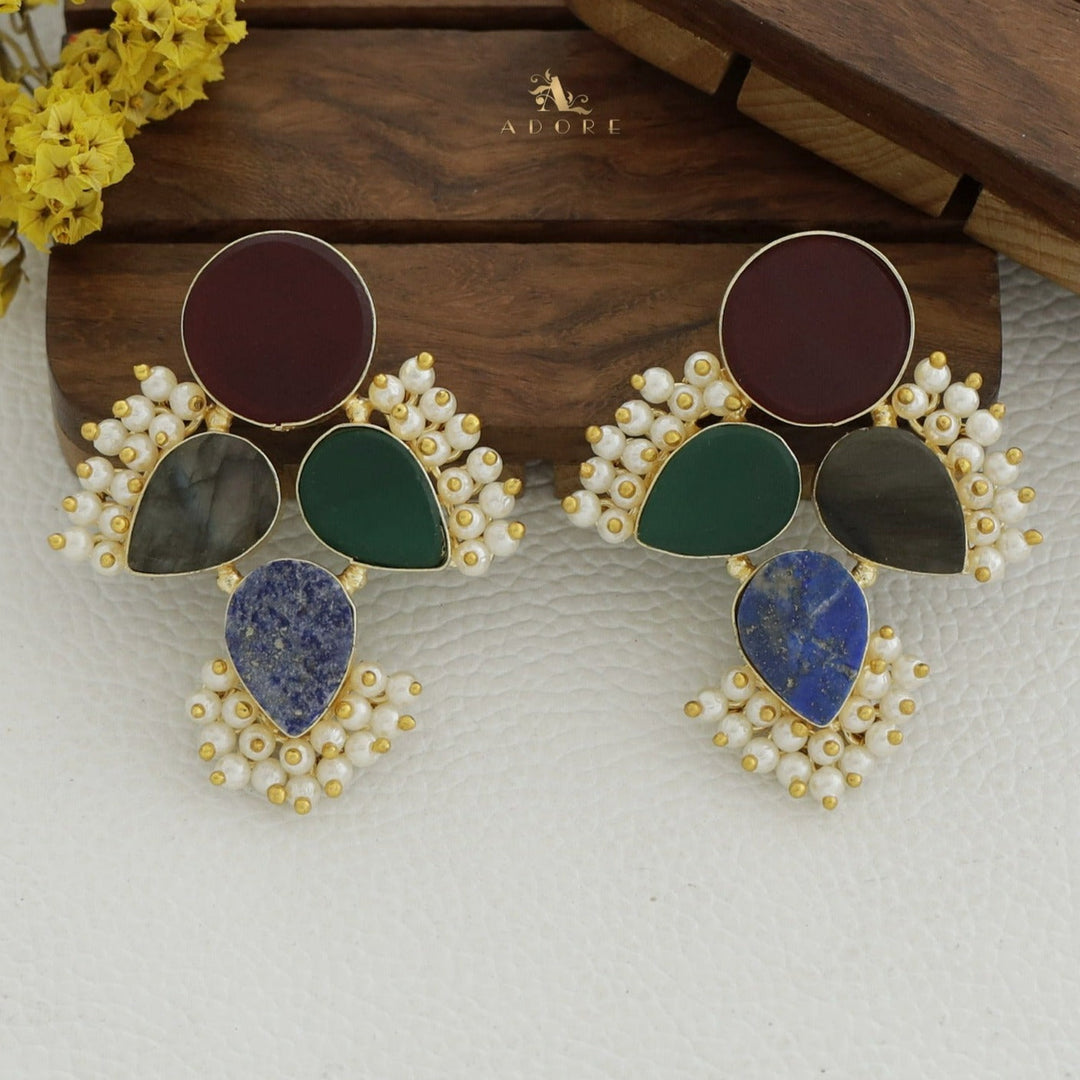 Tikara Round And Drop Raw Stone Cluster Pearl Earring