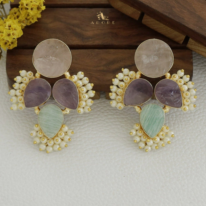 Tikara Round And Drop Raw Stone Cluster Pearl Earring