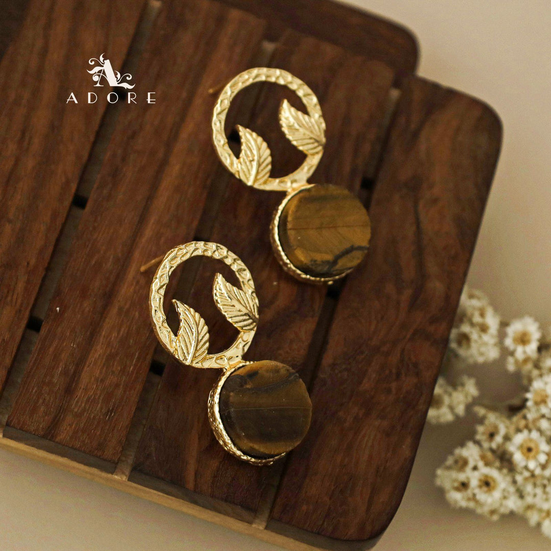 Textured Round Leafy Raw Stone Earring