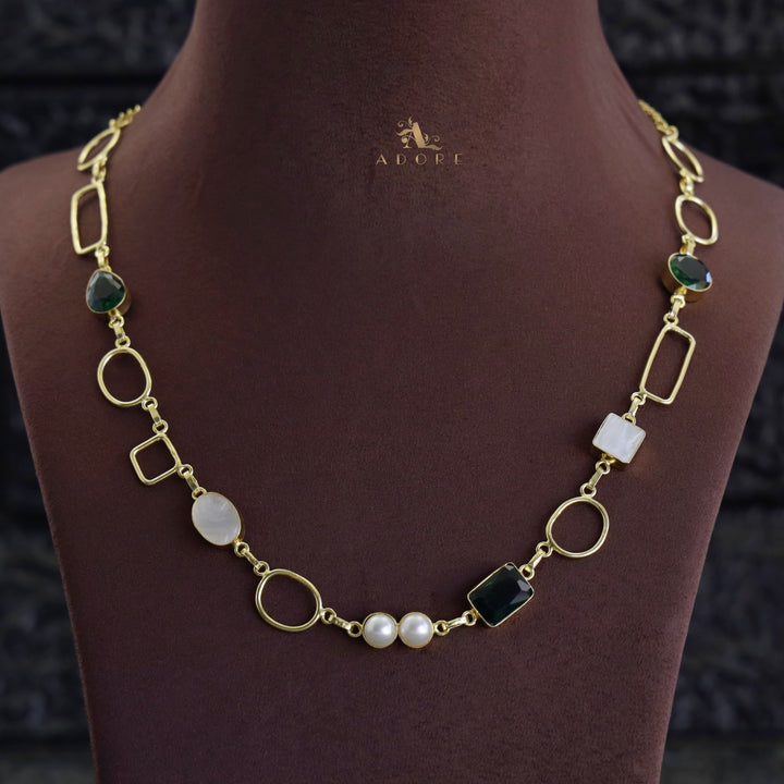 Golden Glossy Multi Shape Long Pearl + MOP Neckpiece