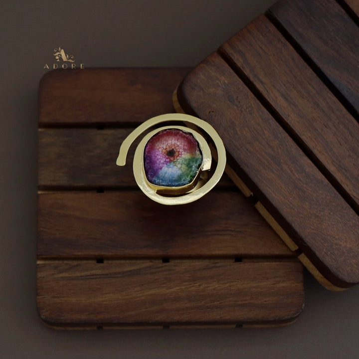 Rainbow Agate Single Stone Spiral Golden Ring