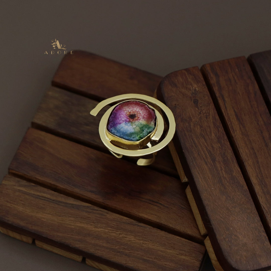 Rainbow Agate Single Stone Spiral Golden Ring