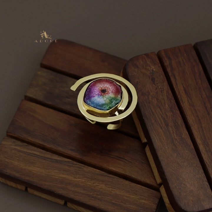 Rainbow Agate Single Stone Spiral Golden Ring