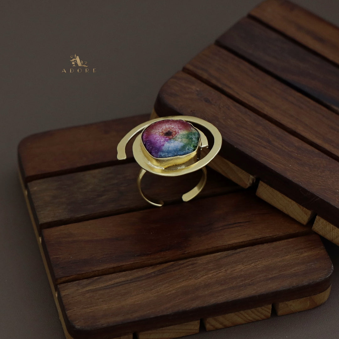 Rainbow Agate Single Stone Spiral Golden Ring