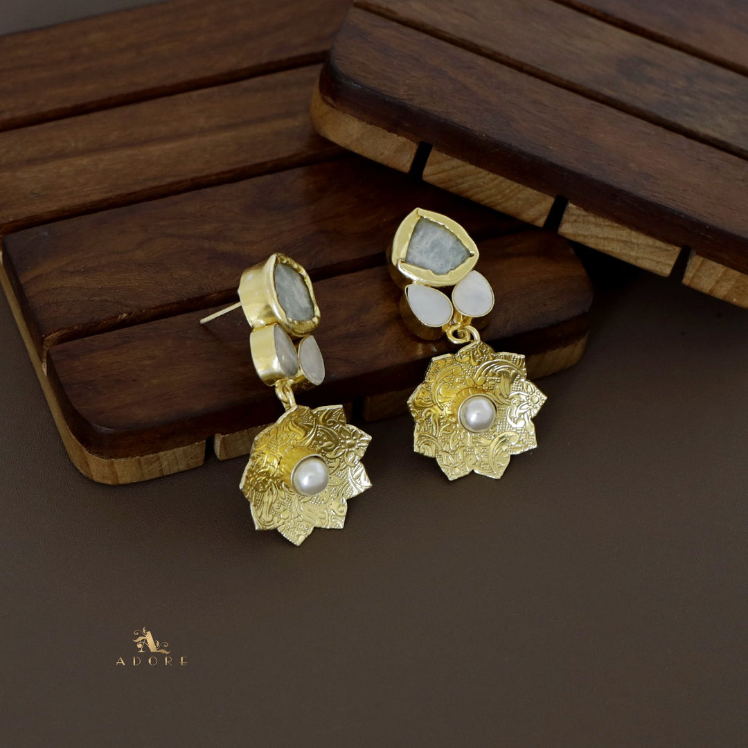 Raw Stone Golden Lotus Pearl Earring