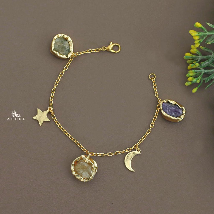 Golden Star + Moon 3 Raw Stone Bracelet