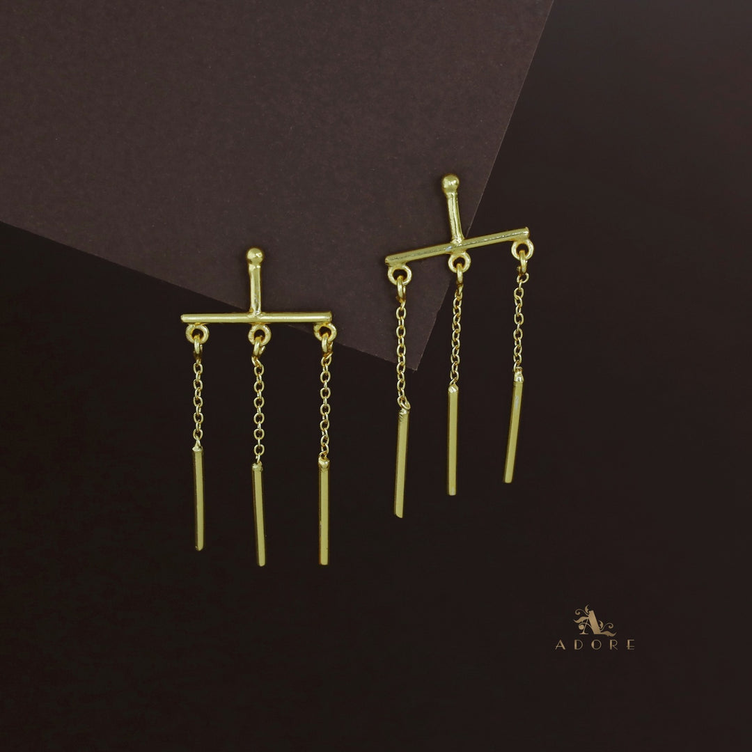 Golden Tri Stick Chain Earring