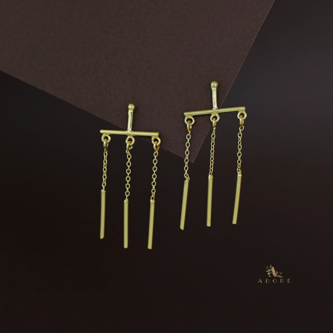 Golden Tri Stick Chain Earring