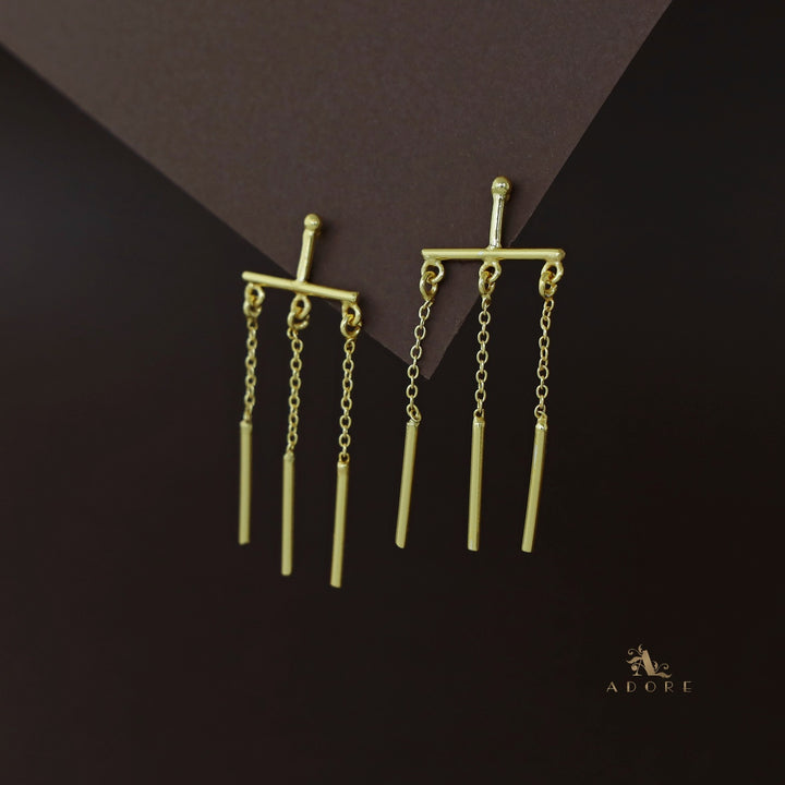 Golden Tri Stick Chain Earring