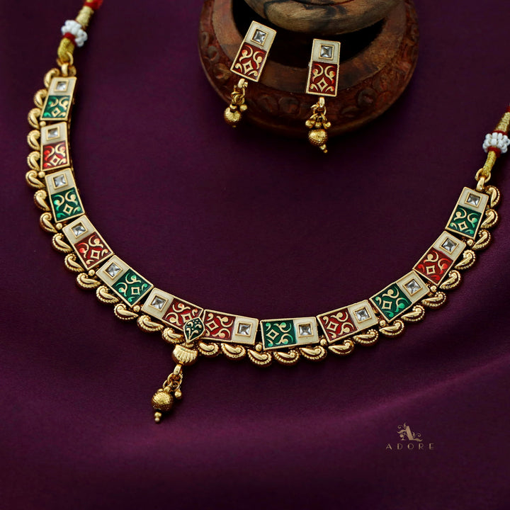 Cordelia Golden Meenakari Neckpiece With Earring