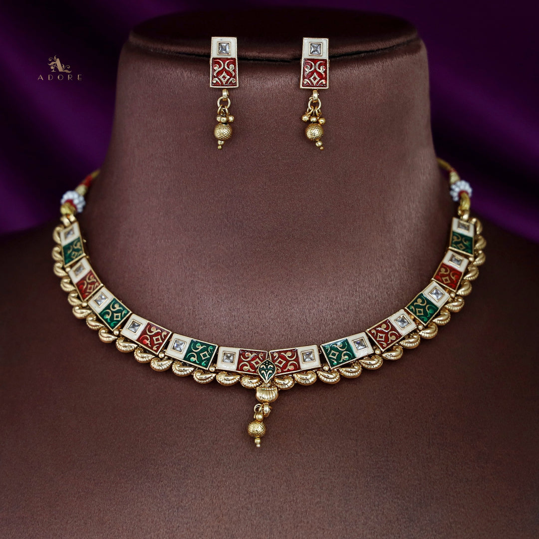 Cordelia Golden Meenakari Neckpiece With Earring