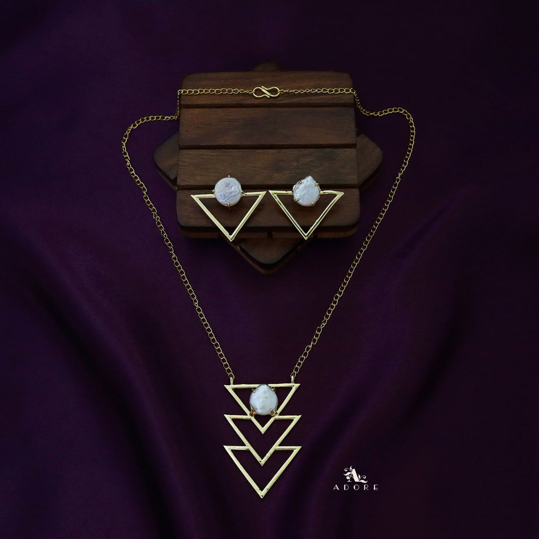 Golden Inverted Triangle Baroque Neckpiece With Earring