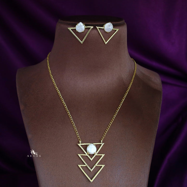 Golden Inverted Triangle Baroque Neckpiece With Earring