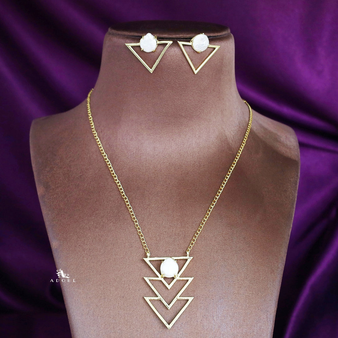 Golden Inverted Triangle Baroque Neckpiece With Earring