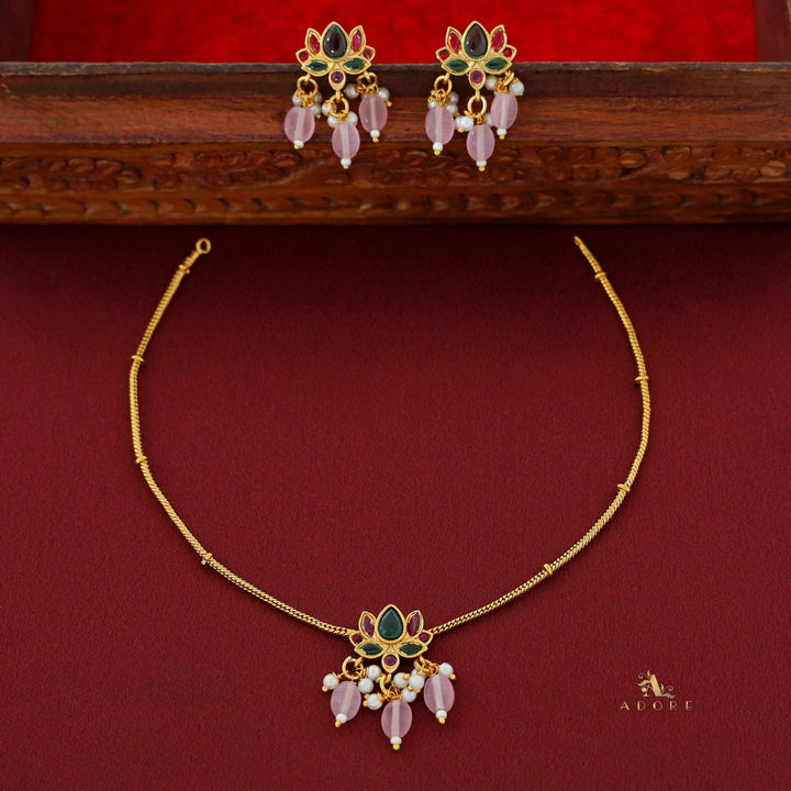 Haritha Pearl Golden Flower Short Neckpiece With Earring