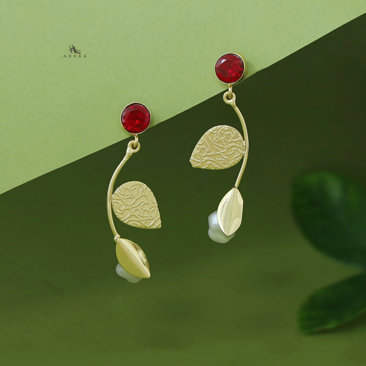 Belle Golden Dual Leaf Pearl Glossy Earring