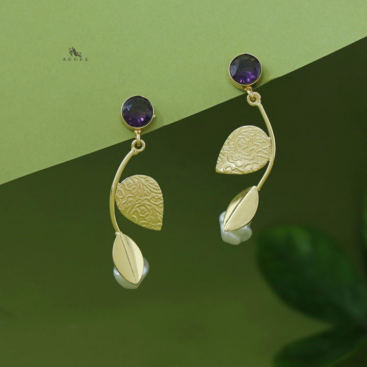 Belle Golden Dual Leaf Pearl Glossy Earring