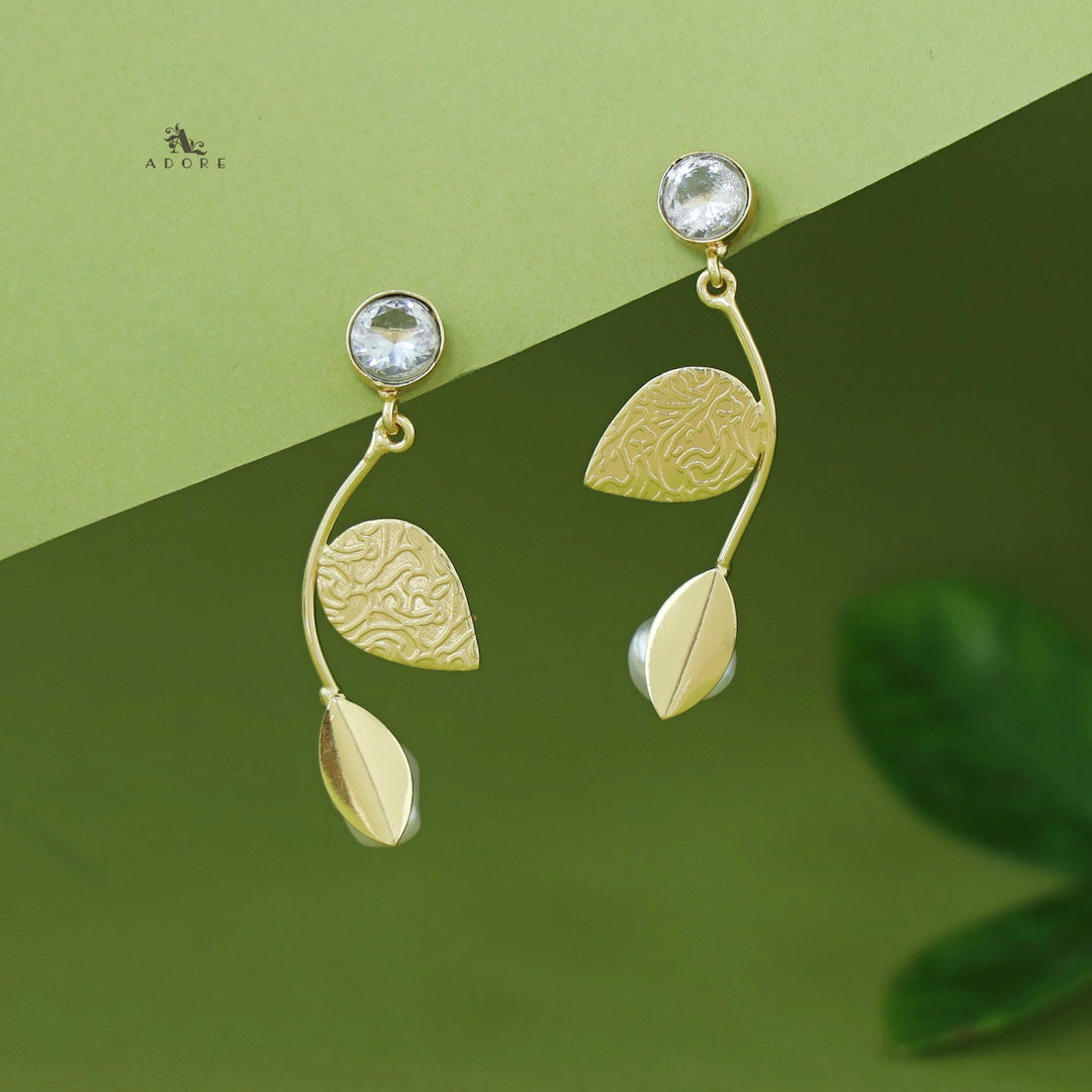 Belle Golden Dual Leaf Pearl Glossy Earring