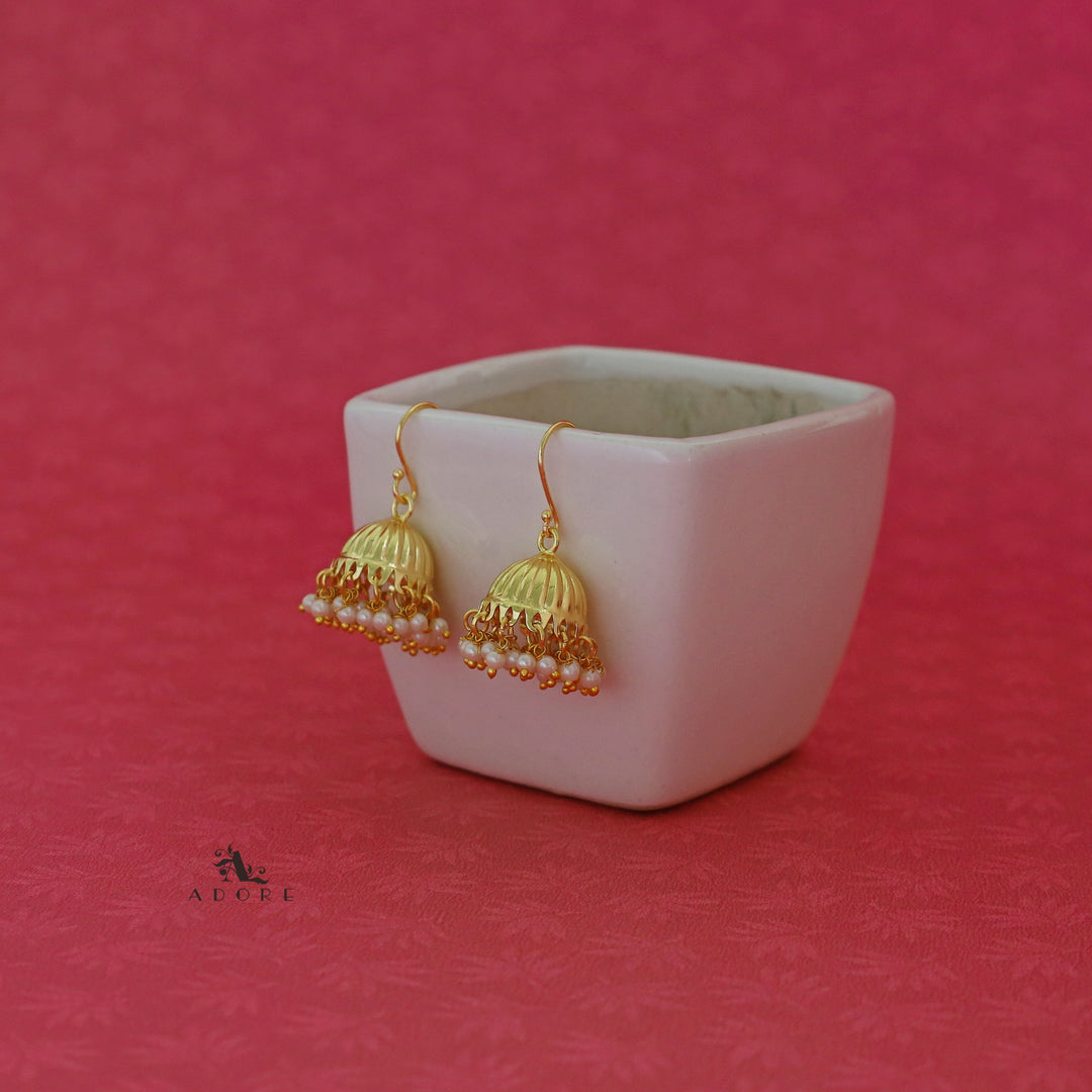 Textured Golden Line Pearl Drop Jhumka