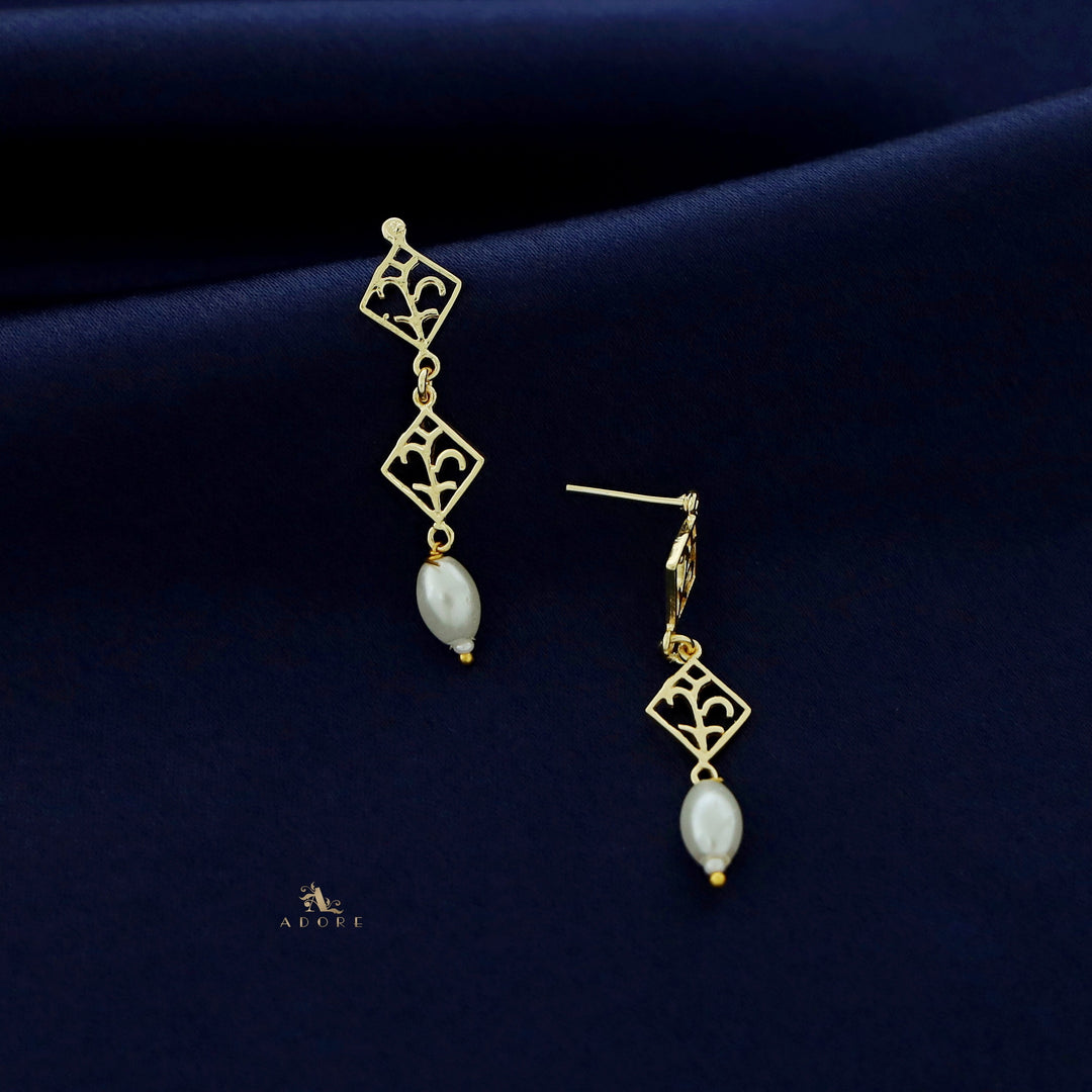 Ovia Golden Dual Square Pearl Earring