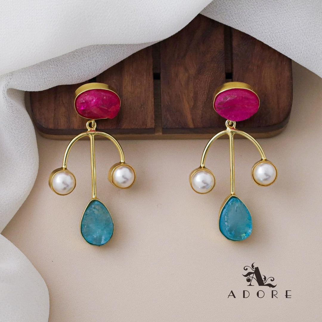 Dyed Stone Golden Anchor Dual Pearl Earring