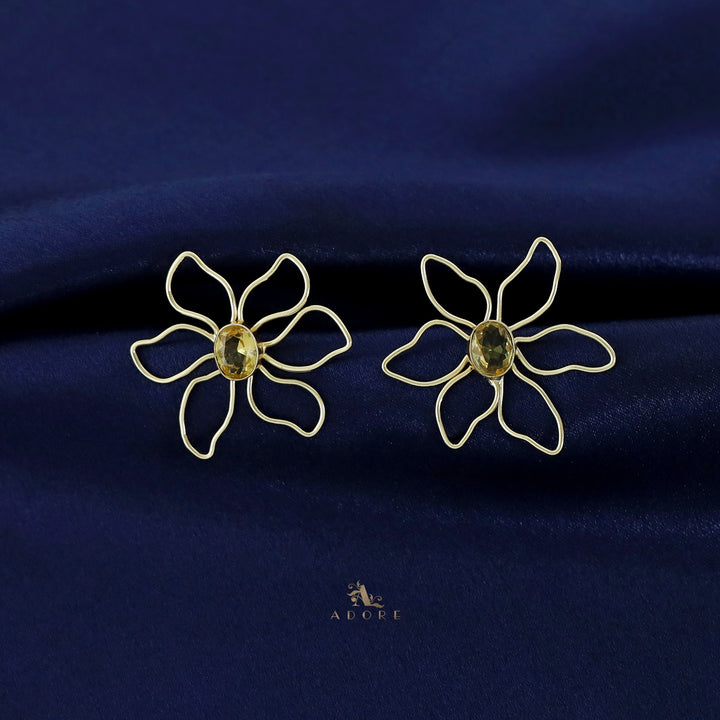 Golden Flower And Oval Glossy Earring