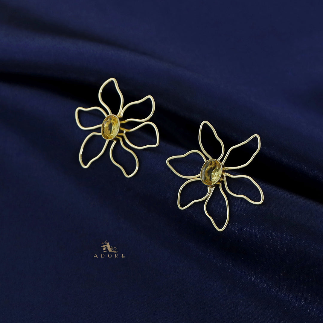 Golden Flower And Oval Glossy Earring