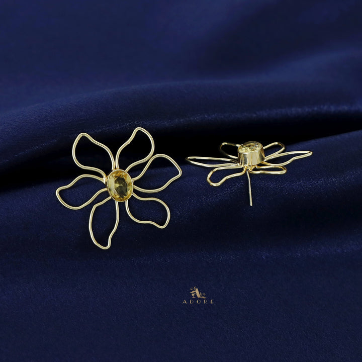 Golden Flower And Oval Glossy Earring