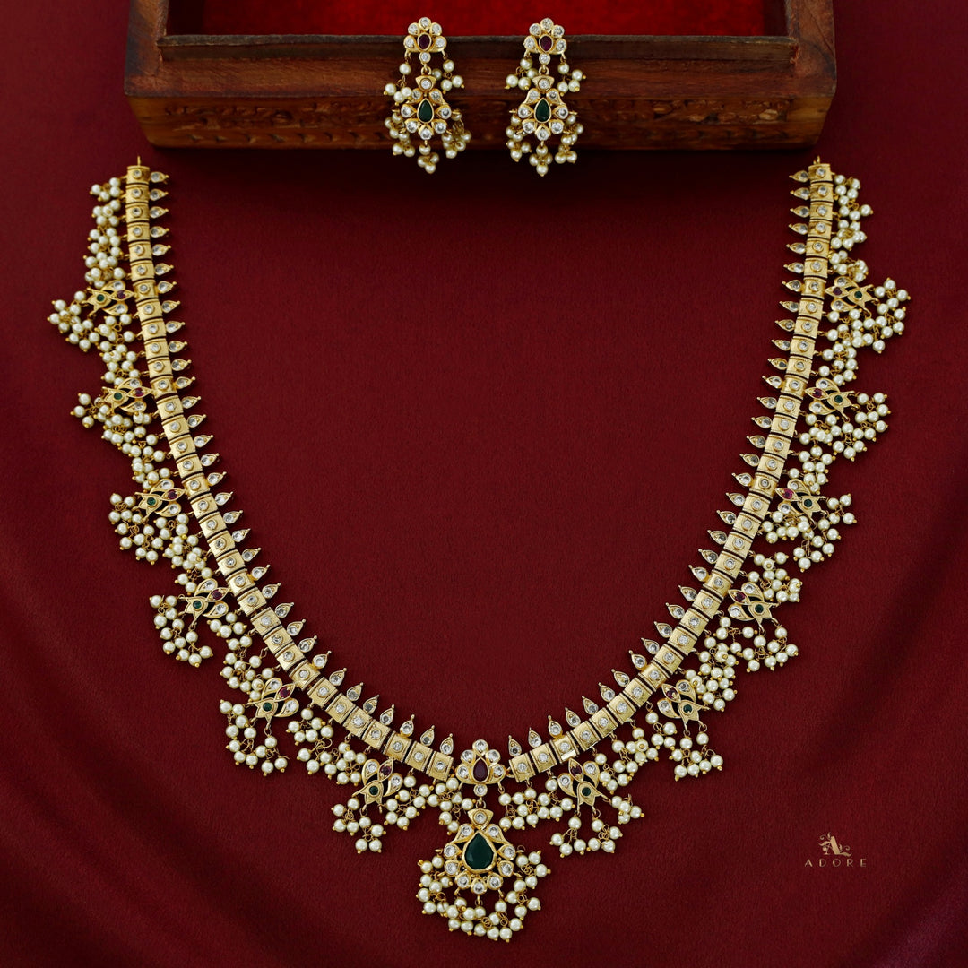 Premium Apsara Pearl Bridal Long Neckpiece With Earring