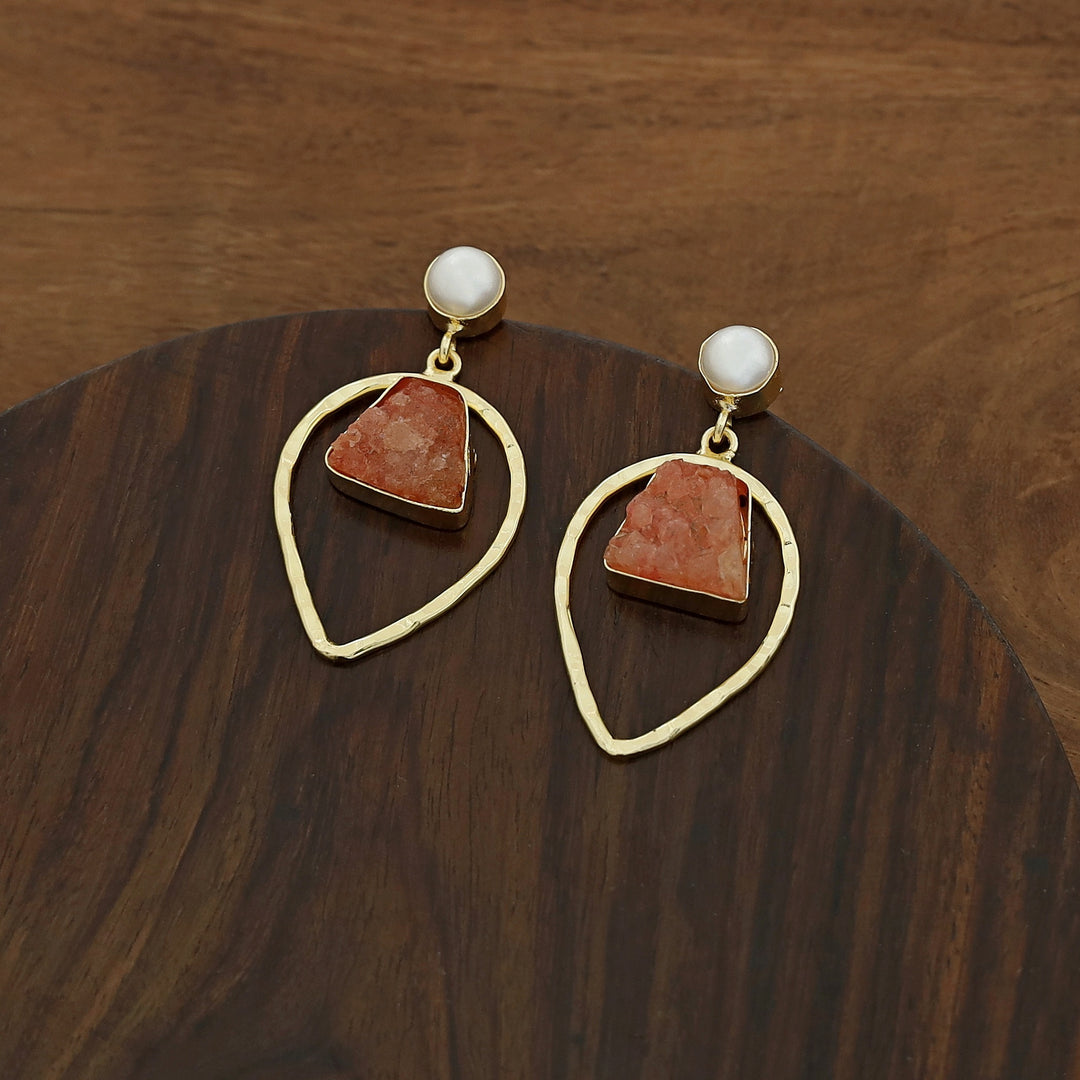 Golden Drop Druzy Stone Pearl Earring