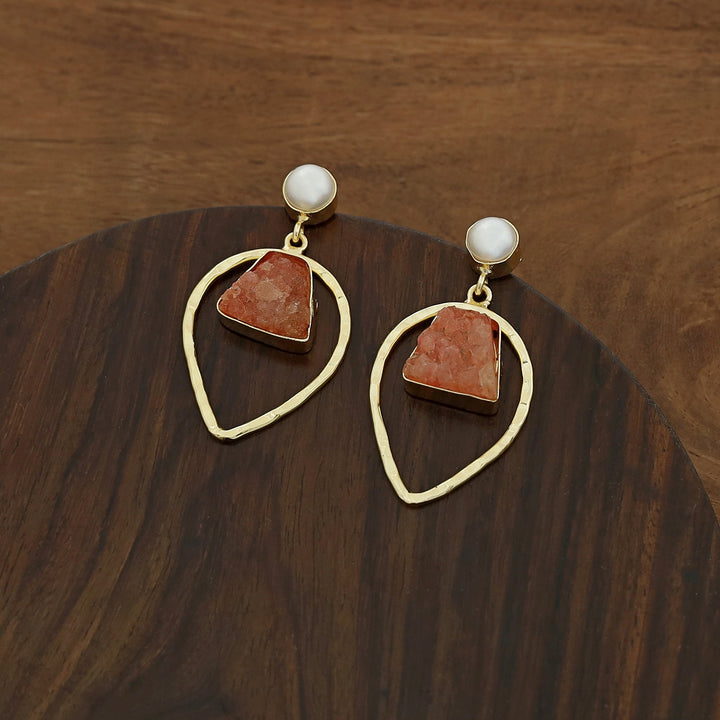 Golden Drop Druzy Stone Pearl Earring