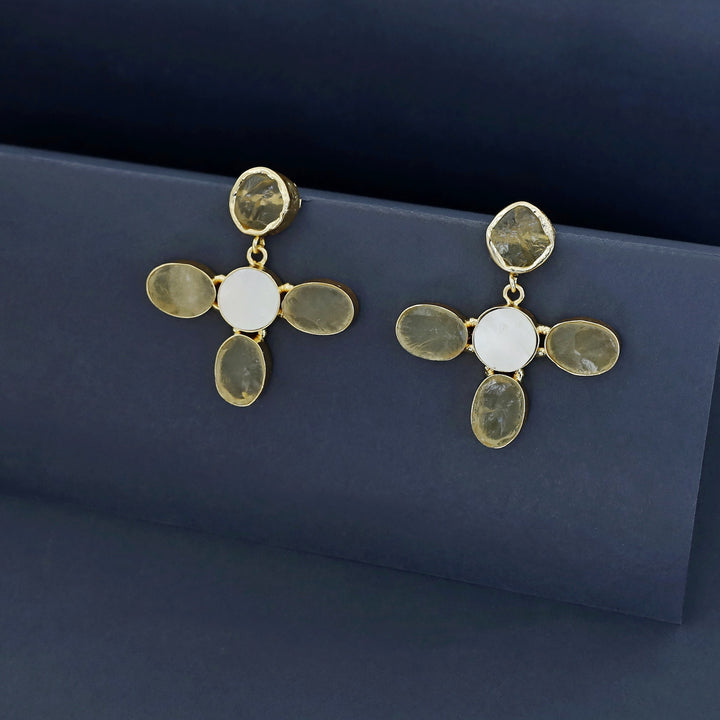 Golden MOP And Raw Stone Flower Earring