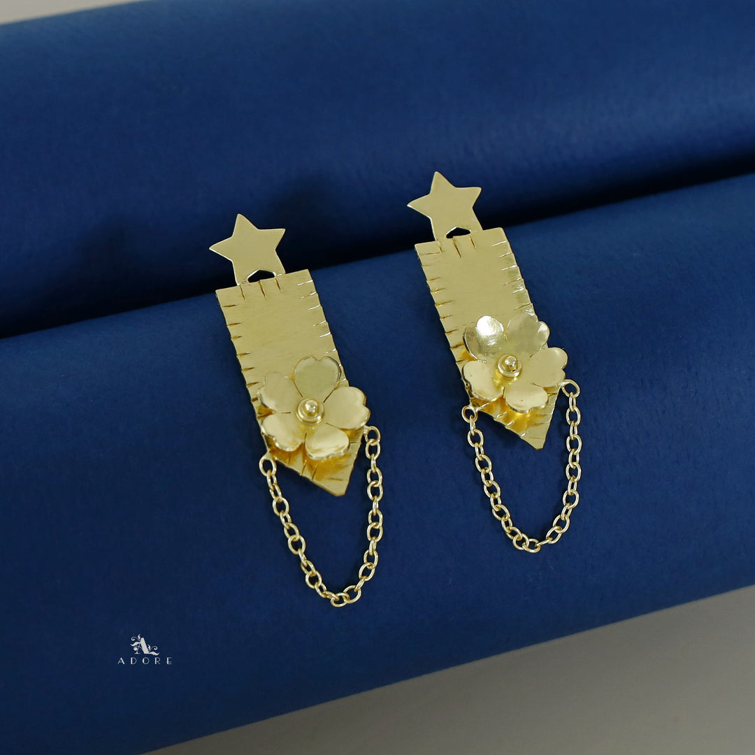 Golden Star Rectangle And Flower Earring