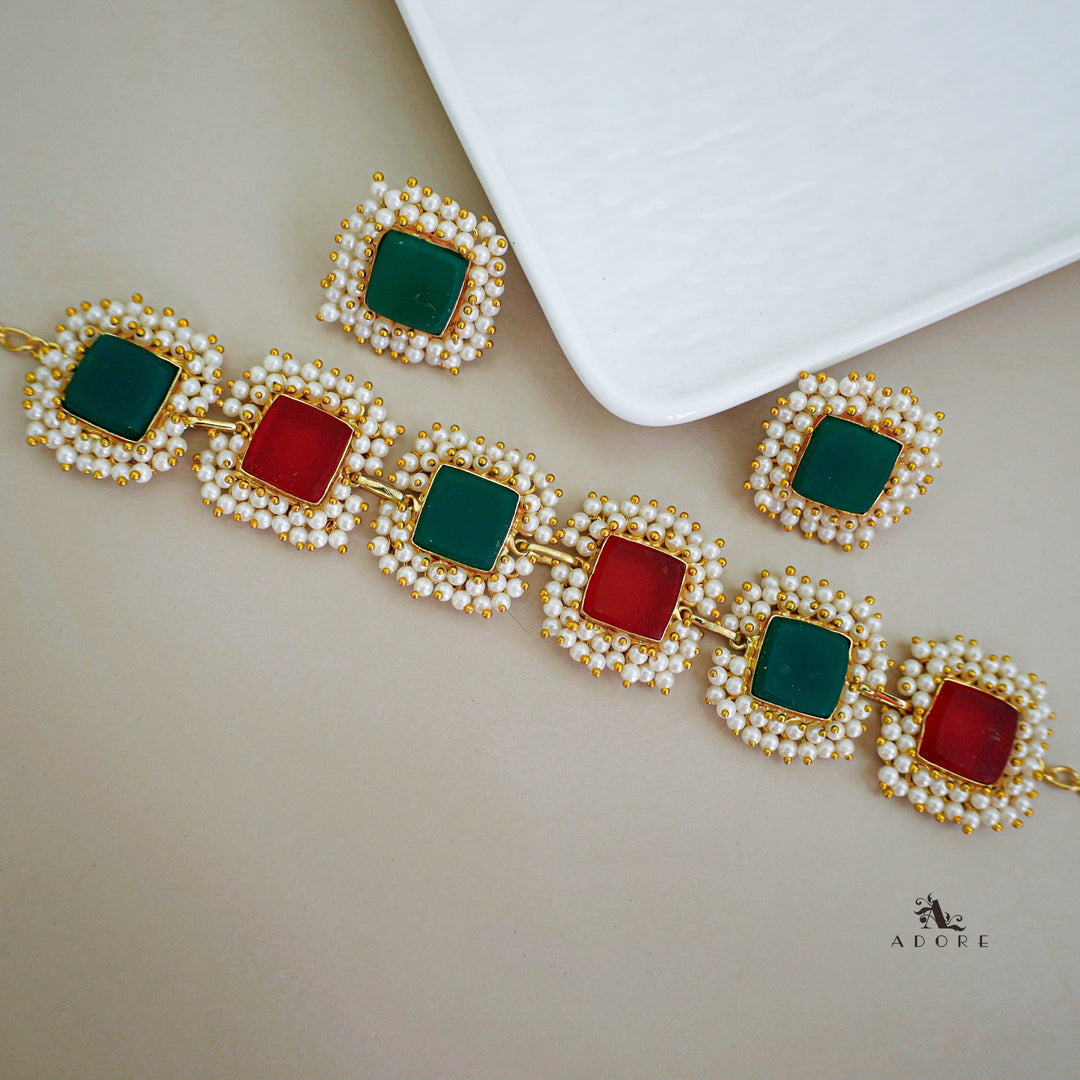 Multicolour Full Pearl Square Choker With Earring