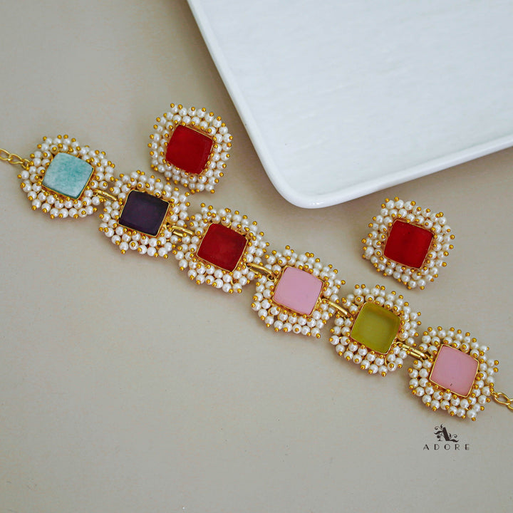 Multicolour Full Pearl Square Choker With Earring