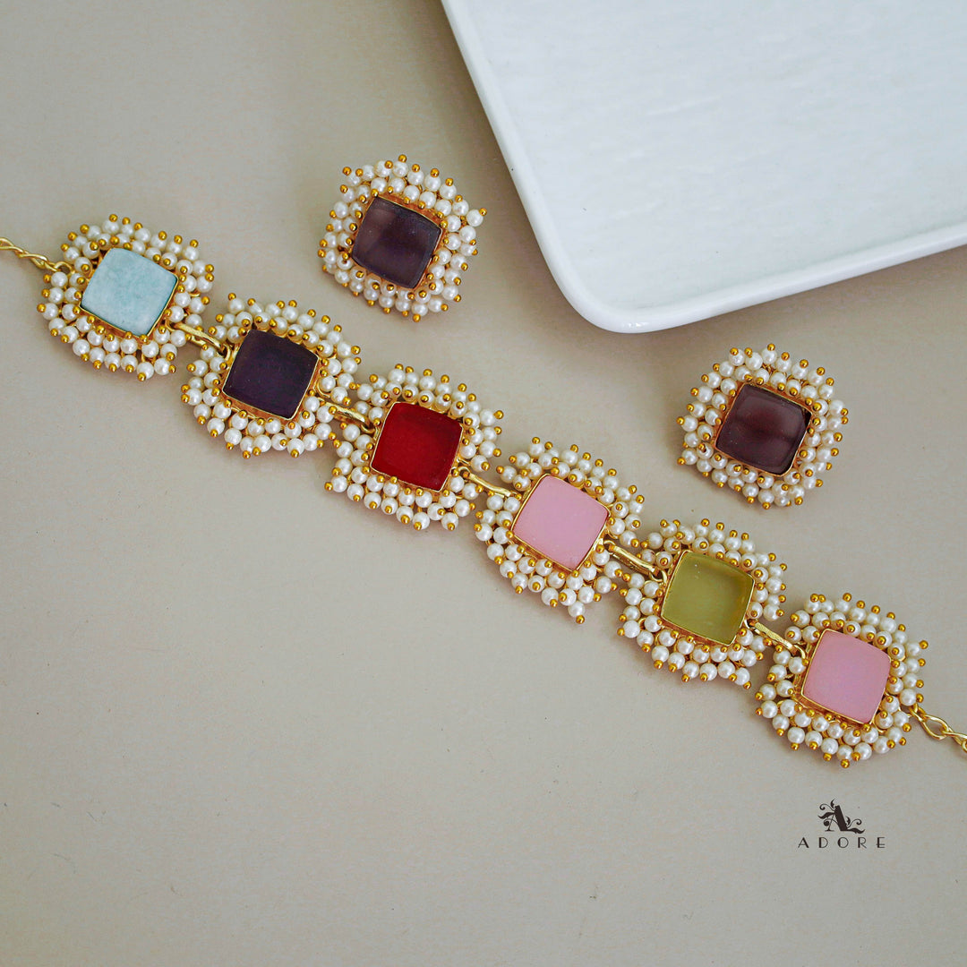 Multicolour Full Pearl Square Choker With Earring