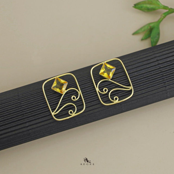 Golden Rectangle Vine Glossy Stone Earring