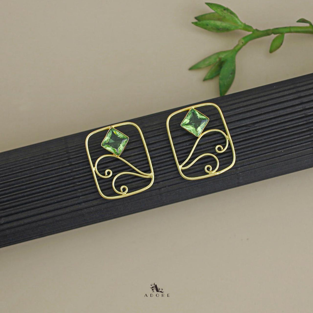 Golden Rectangle Vine Glossy Stone Earring