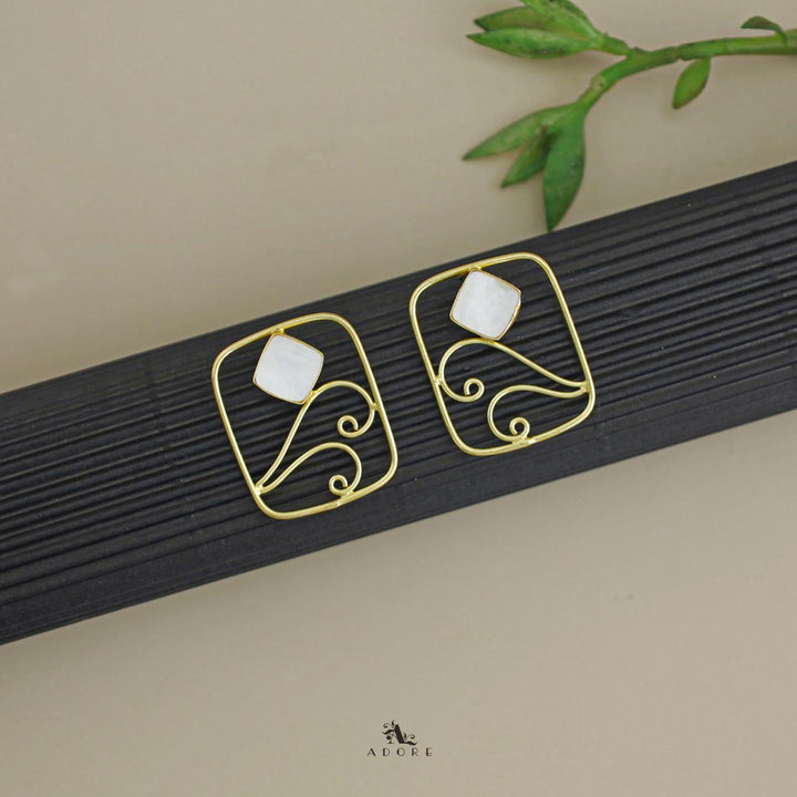 Golden Rectangle Vine Glossy Stone Earring