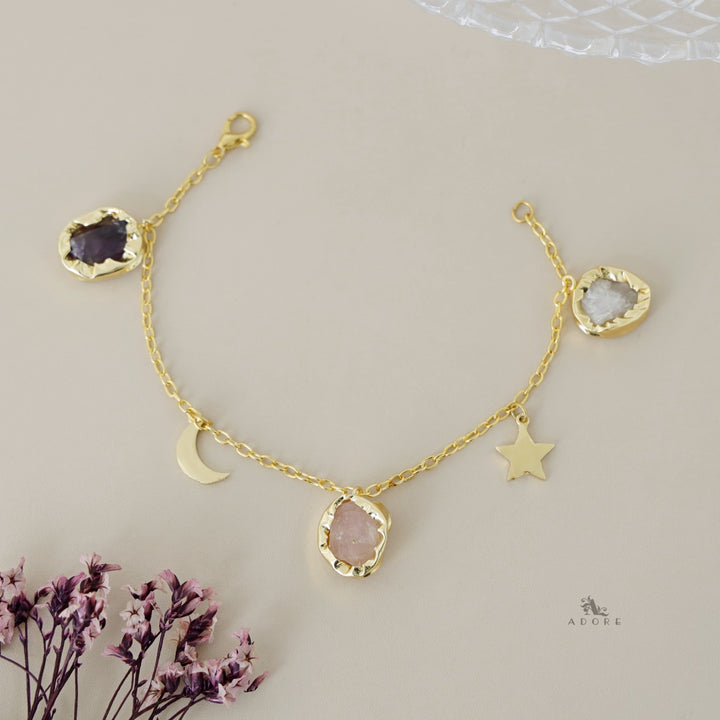 Golden Star + Moon 3 Raw Stone Bracelet