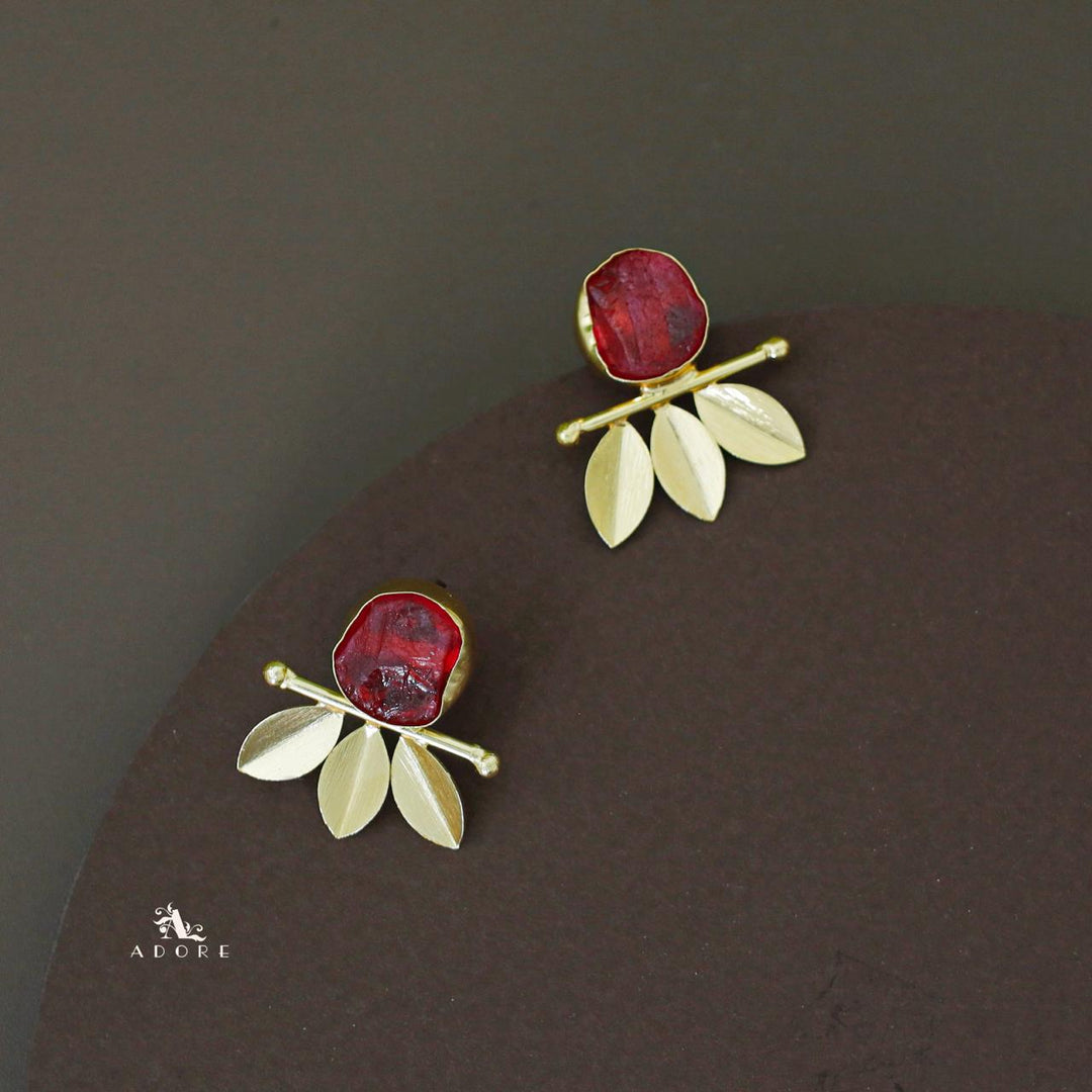 Tri Leaf Raw Stone Earring