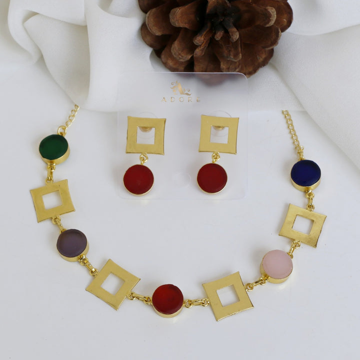 Golden Raw Stone 4 Square Neckpiece With Earring