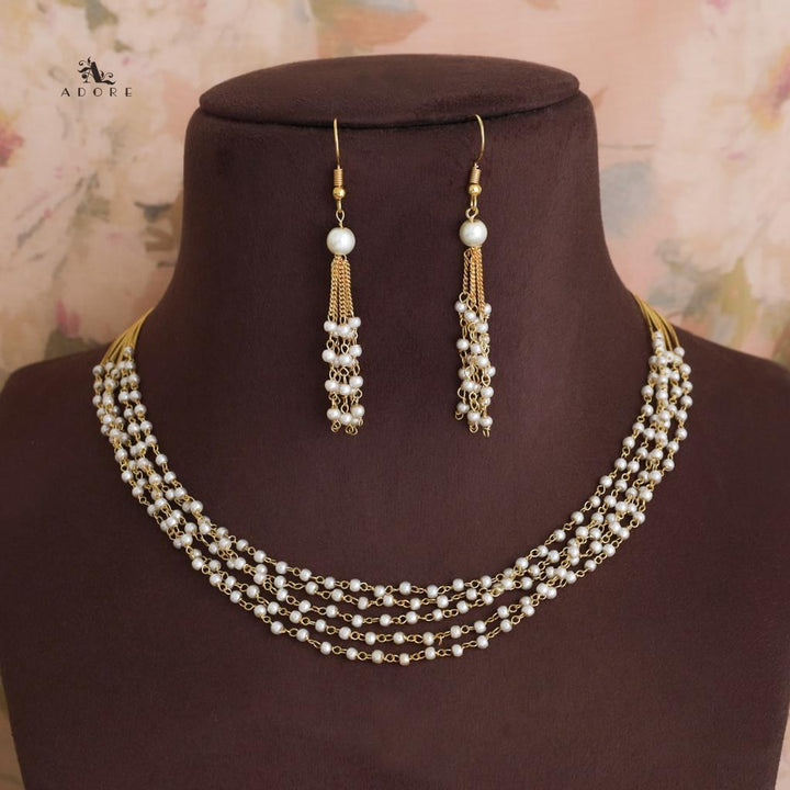 Golden Leora Pearl 5 Layer Neckpiece With Drop