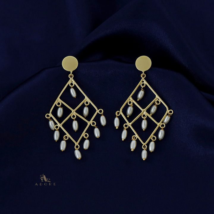 Golden Rice Pearl Rhombus Earring