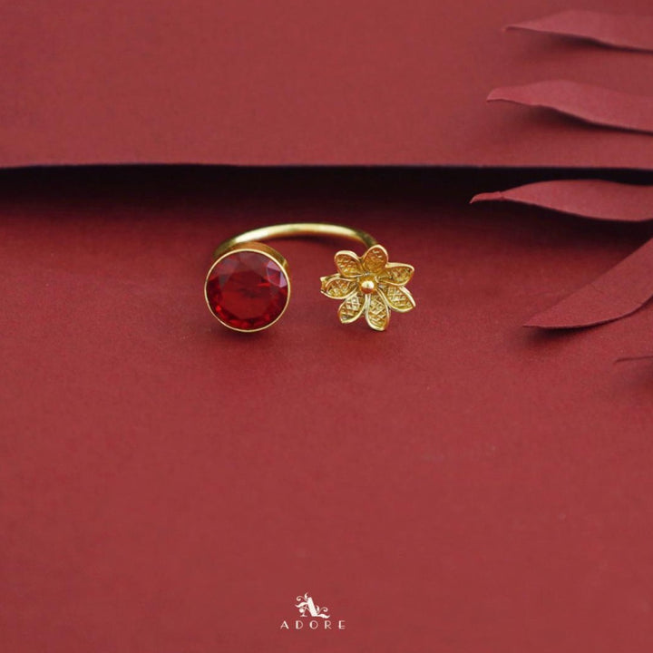 Glossy Round Stone Flower Ring