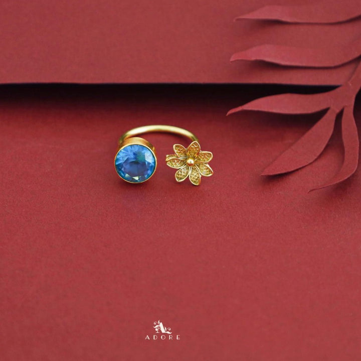 Glossy Round Stone Flower Ring