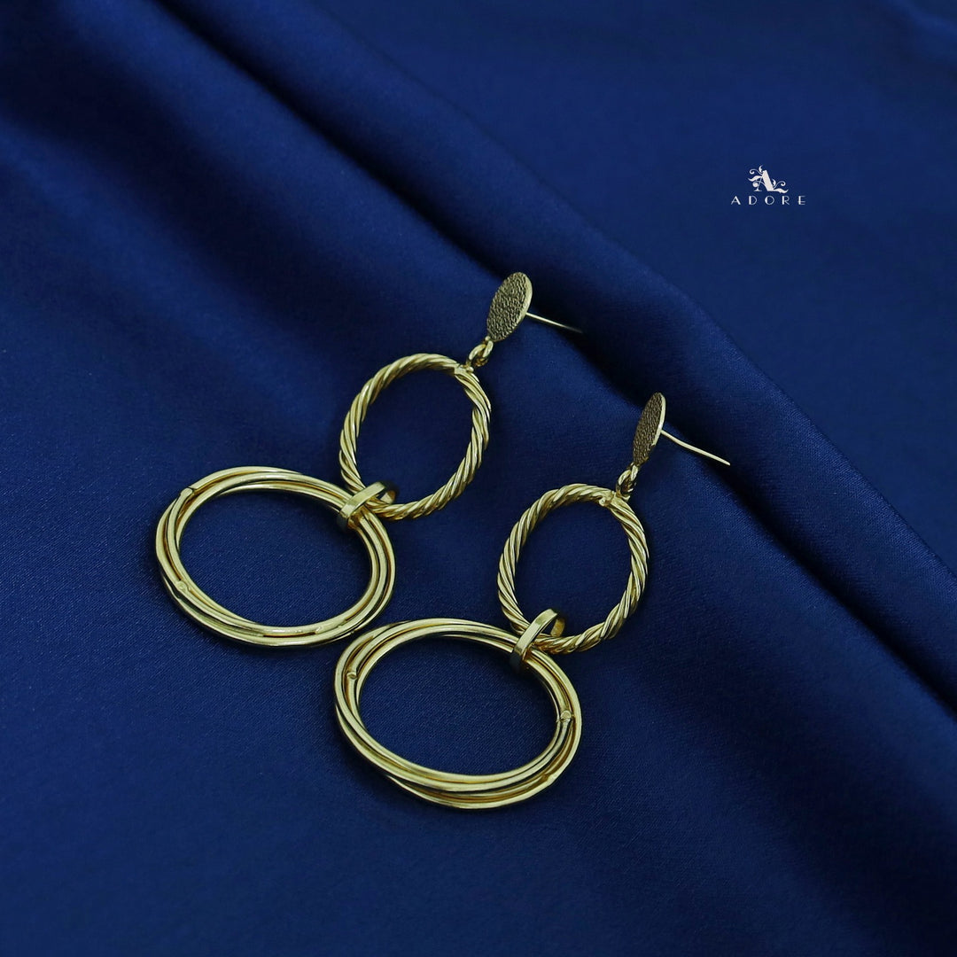 Golden Textured Twisted Tri Circle Earring