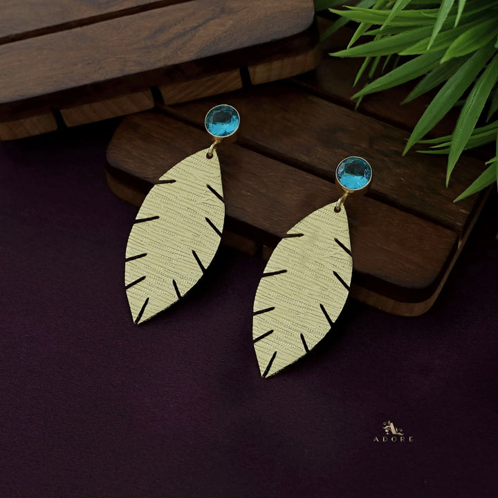 Golden Textured Leaf And Round Glossy Earring