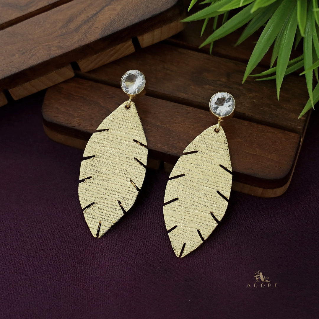 Golden Textured Leaf And Round Glossy Earring