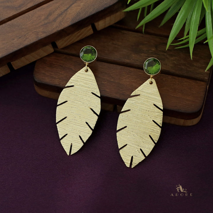 Golden Textured Leaf And Round Glossy Earring